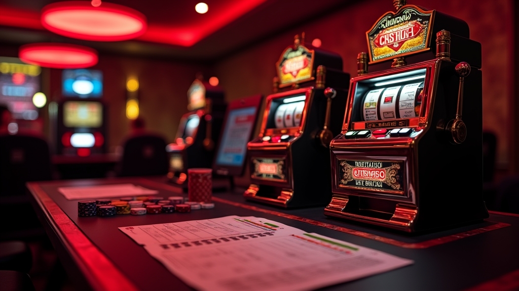 Mesa de cassino escura com slot clássico e fichas para controlar risco